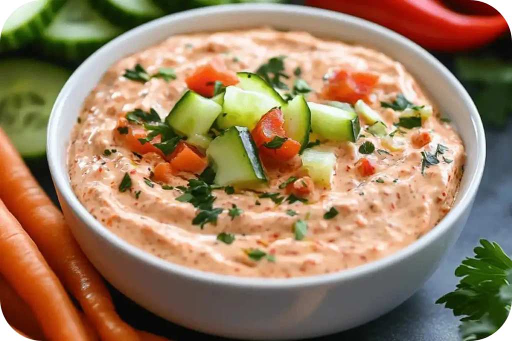 Creamy red pepper dip topped with chopped cucumber, tomato, and herbs, served in a white bowl with fresh vegetables on the side