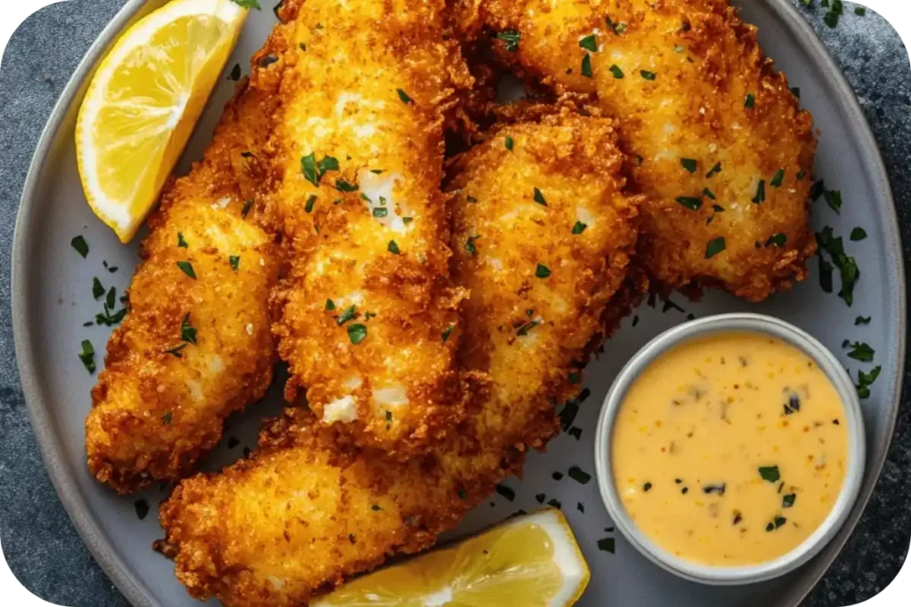 Crispy fried rockfish fillets served with dipping sauce