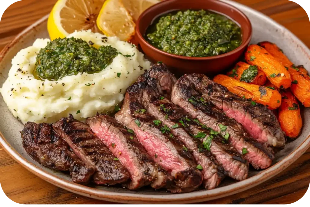 A sliced bavette steak served with roasted vegetables, mashed potatoes, and chimichurri sauce