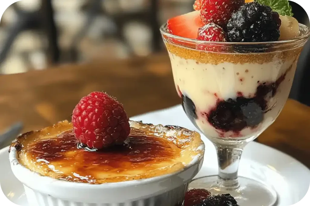 Crème brûlée in a ramekin with fresh berries on top, and custard served in a glass with a layer of fruit