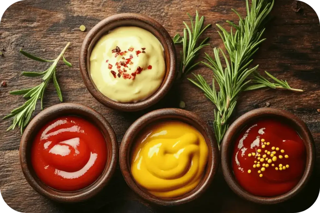 A variety of classic burger sauces in small bowls, including ketchup, mustard, and mayonnaise, placed on a wooden table