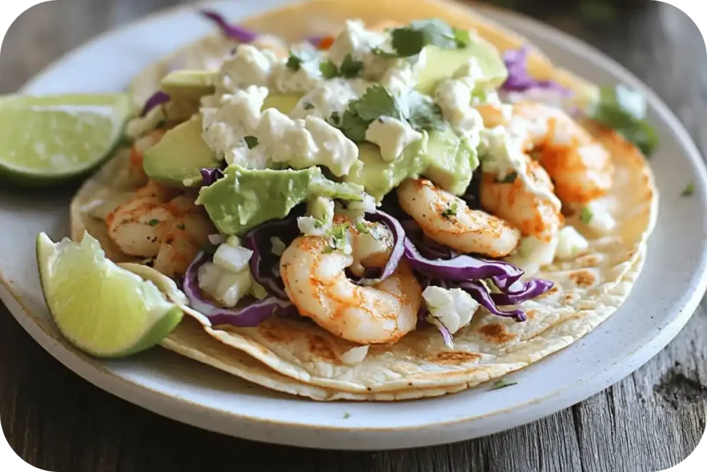 Tacos in warm corn tortillas filled with tender seafood, shredded cabbage, and lime crema