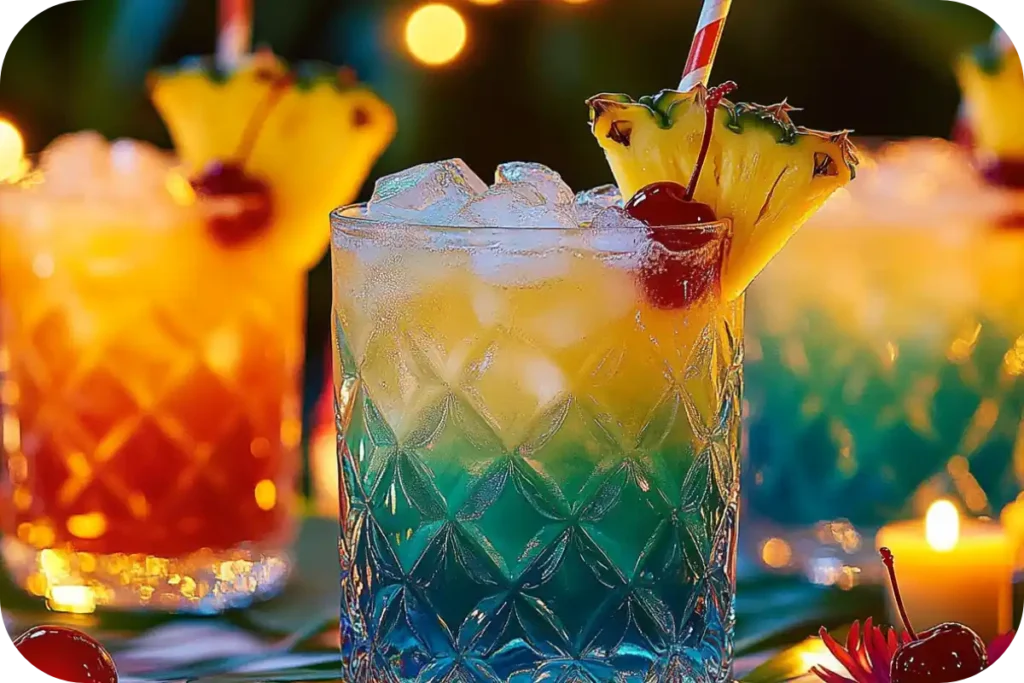 A tropical-themed party table with Bahama Mama cocktails, garnishes, and colorful decorations