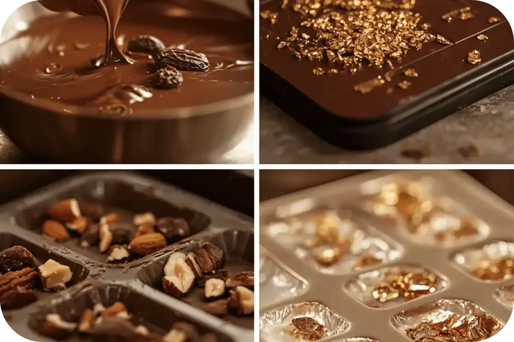 A step-by-step process of making Dubai chocolate bars, from melting chocolate to adding toppings