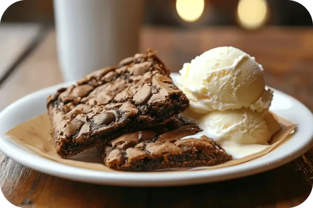 Two chocolate chip brookie bars served with scoops of vanilla ice cream on a white plate.