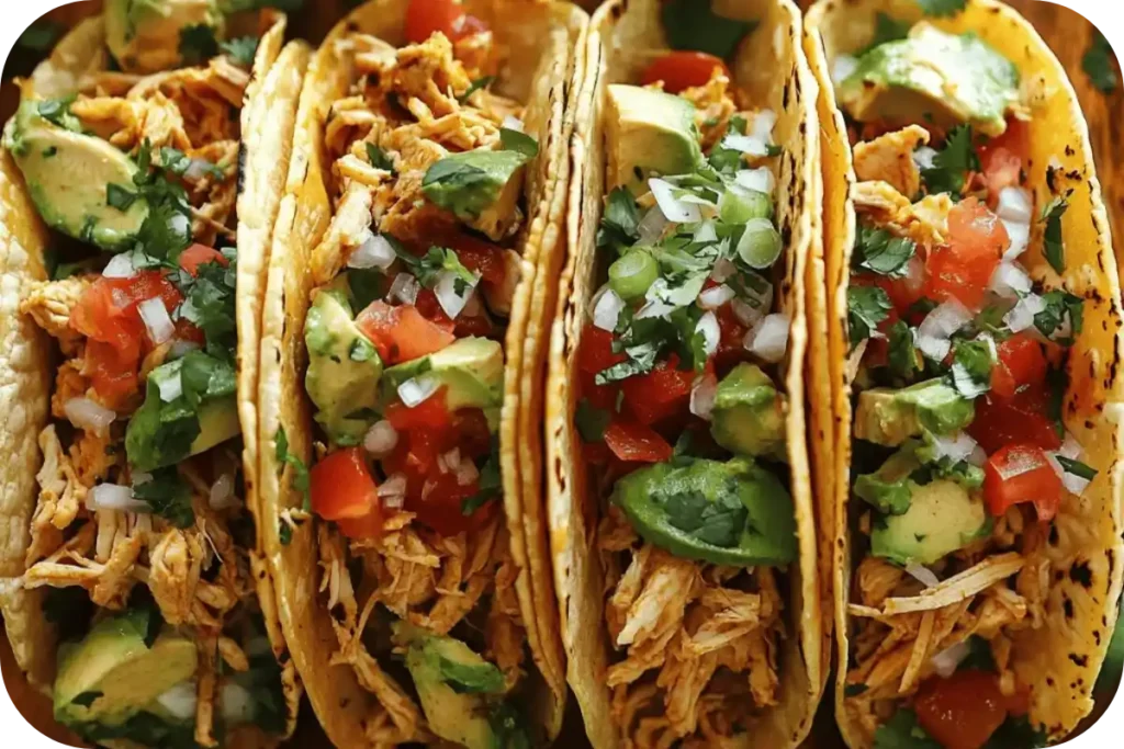 Chicken tacos topped with salsa, lettuce, and cheese served on a rustic plate