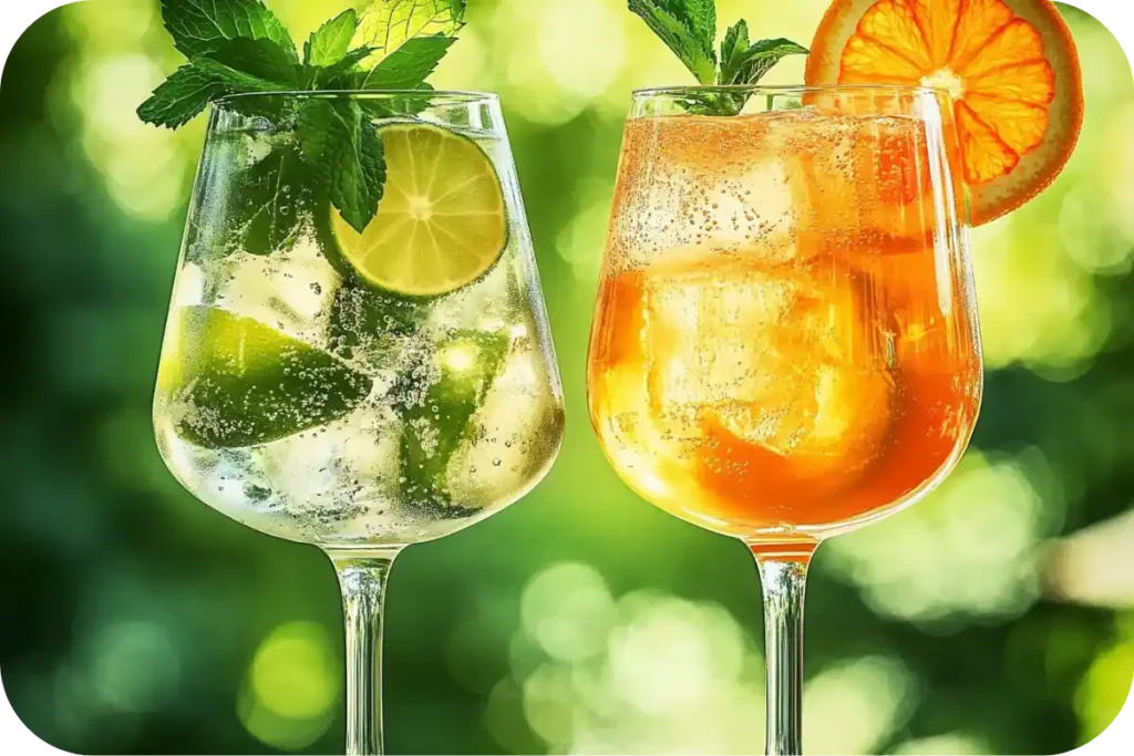 Side-by-side comparison of a Hugo Spritz and Aperol Spritz in wine glasses