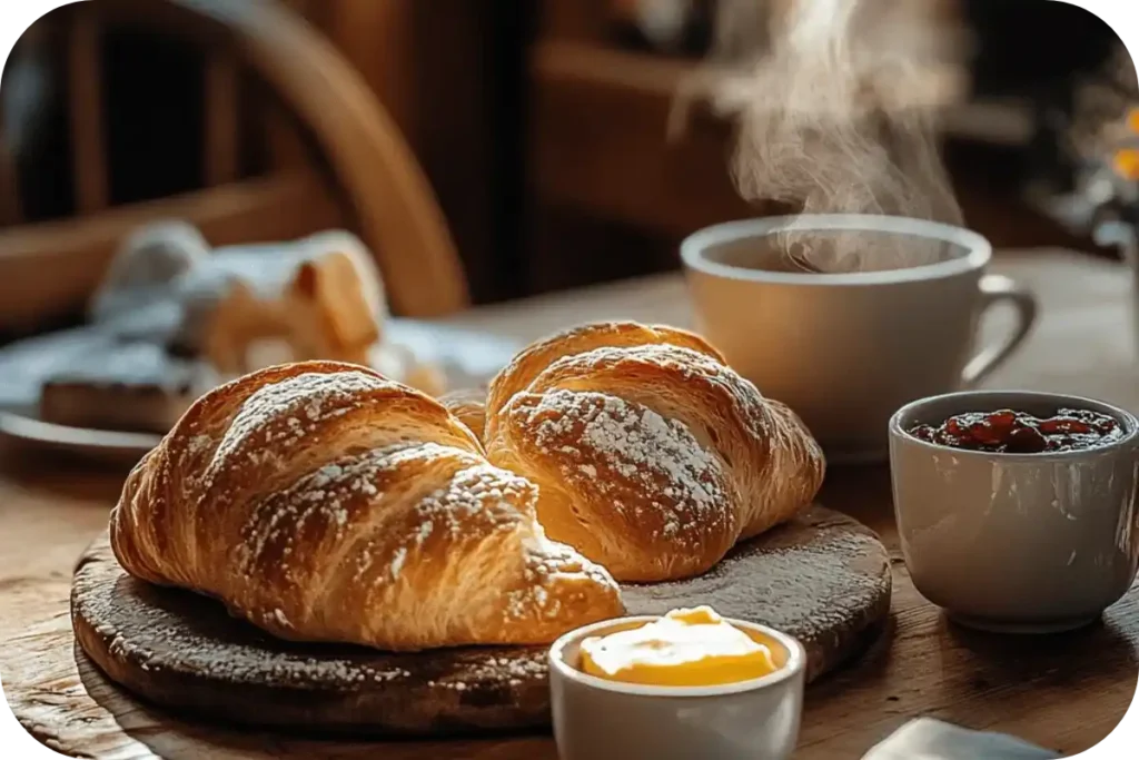 Gipfeli served with butter, jam, and a cup of coffee