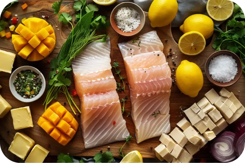 Flat lay of fresh rockfish fillets, cubed butter, mango chunks, lemons, fresh herbs, and seasonings on a rustic wooden board