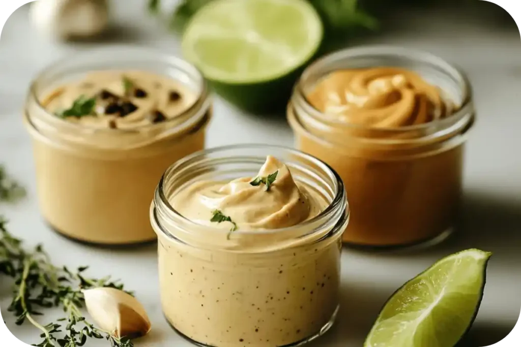 Chipotle mayo, truffle sauce, and aioli served in glass jars with fresh herbs and garlic cloves on the side