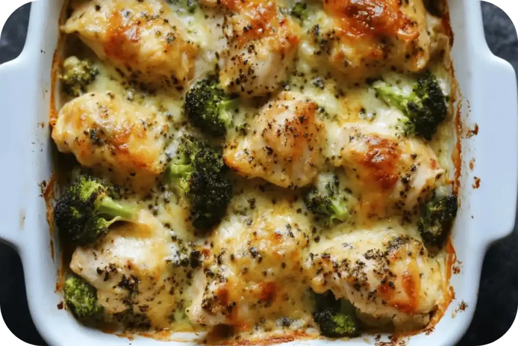 A bubbling chicken and broccoli casserole topped with melted cheese