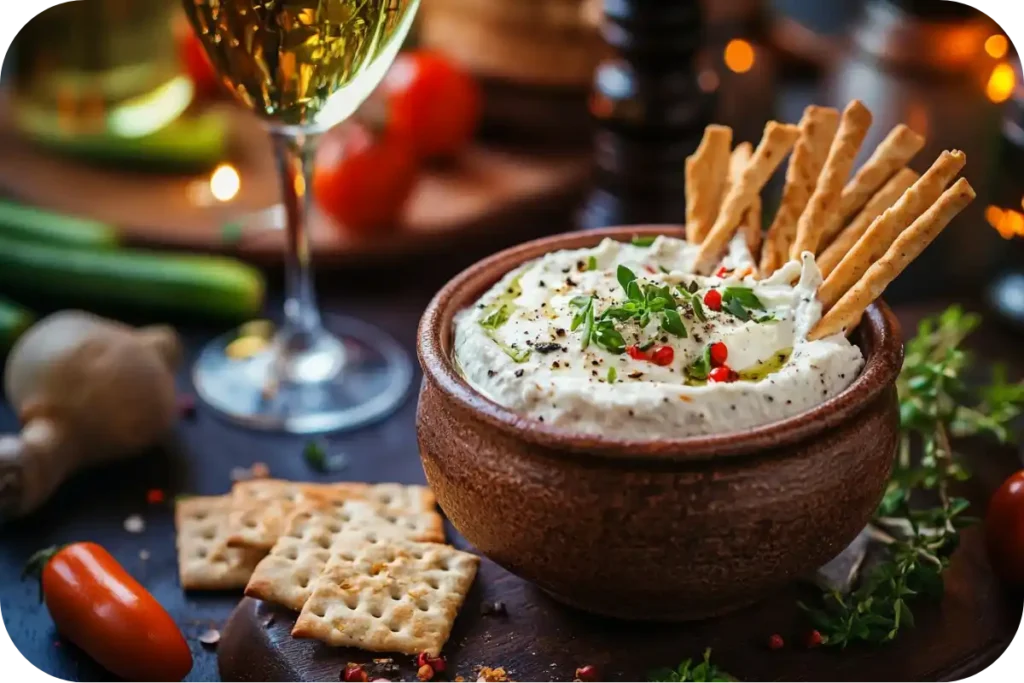 Cottage cheese herb dip served with veggies and crackers