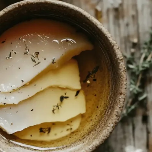 A bowl of vinegar and raw chicken breasts on a wooden countertop