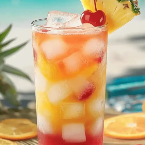 A vibrant Bahama Mama cocktail in a tall glass with pineapple, orange slice, and cherry garnish