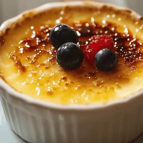 A classic crème brûlée with a golden caramelized crust served in a white ramekin