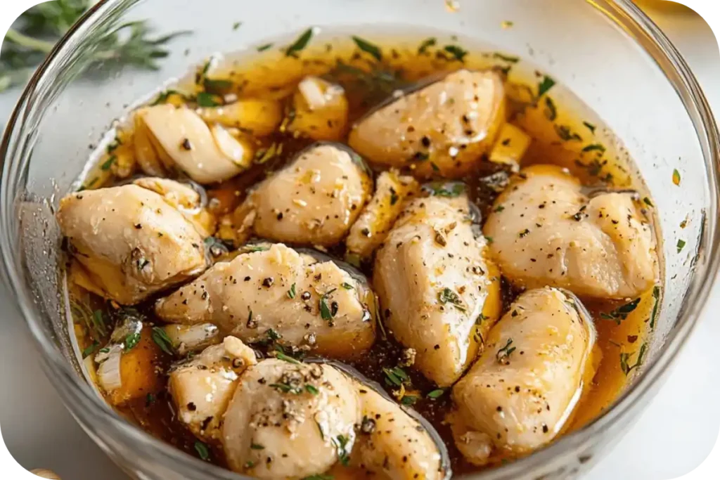 Close-up of marinated chicken in a glass bowl with a vinegar-based marinade