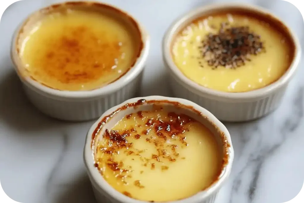 Three ramekins of crème brûlée showing different textures based on cream choices
