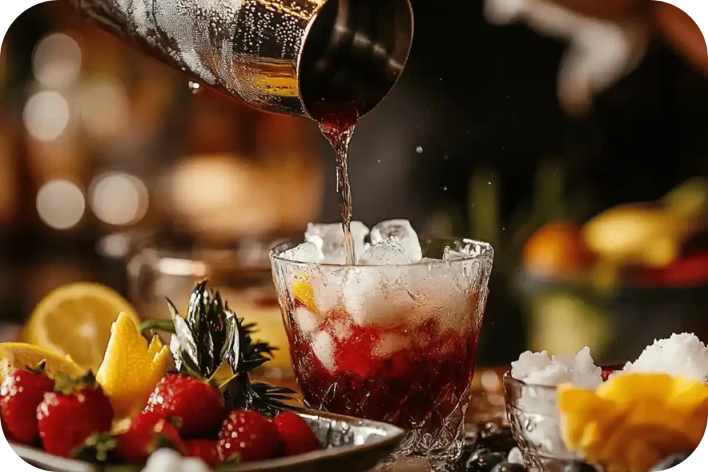 A bartender pouring rum into a cocktail shaker with other ingredients prepared on the counter