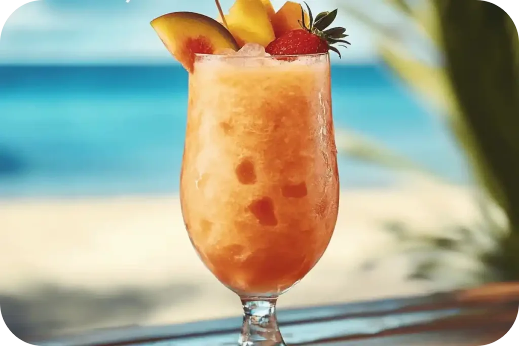 A frozen Bahama Mama cocktail served in a frosty glass with a tropical umbrella and fruit garnishes