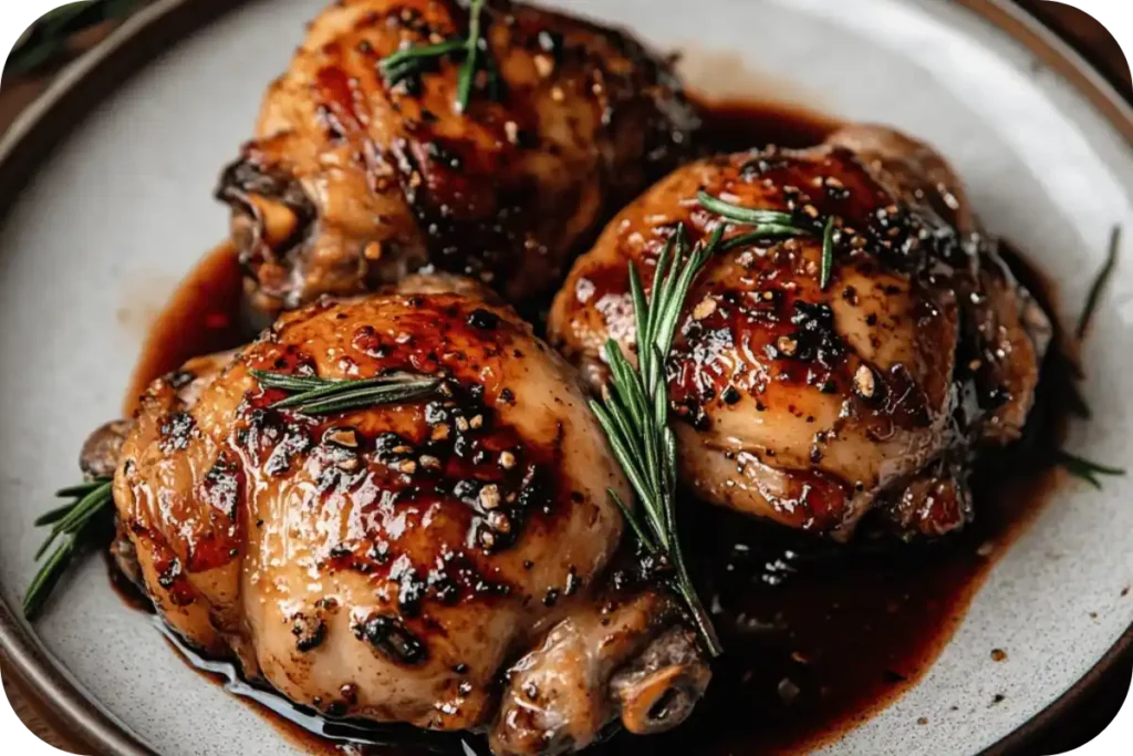 Chicken thighs with a shiny balsamic vinegar glaze on a platter