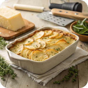 Golden-brown OG Rotten Potatoes layered with cheese and cream in a rustic baking dish